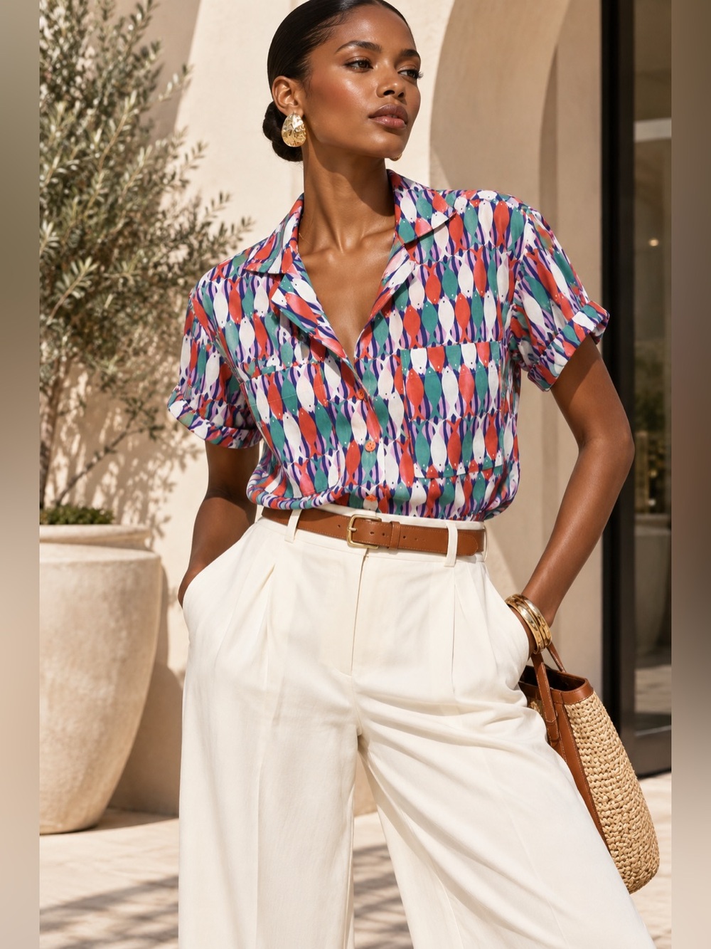 Maeve by Anthropologie Multicolor Geometric Short-Sleeve Button-Down Shirt XS